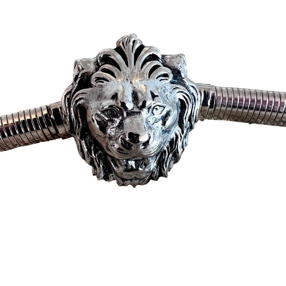 Vintage Anne Klein Stretchy Belt Lion Head Buckle Silvertone Snake Chain Disco G